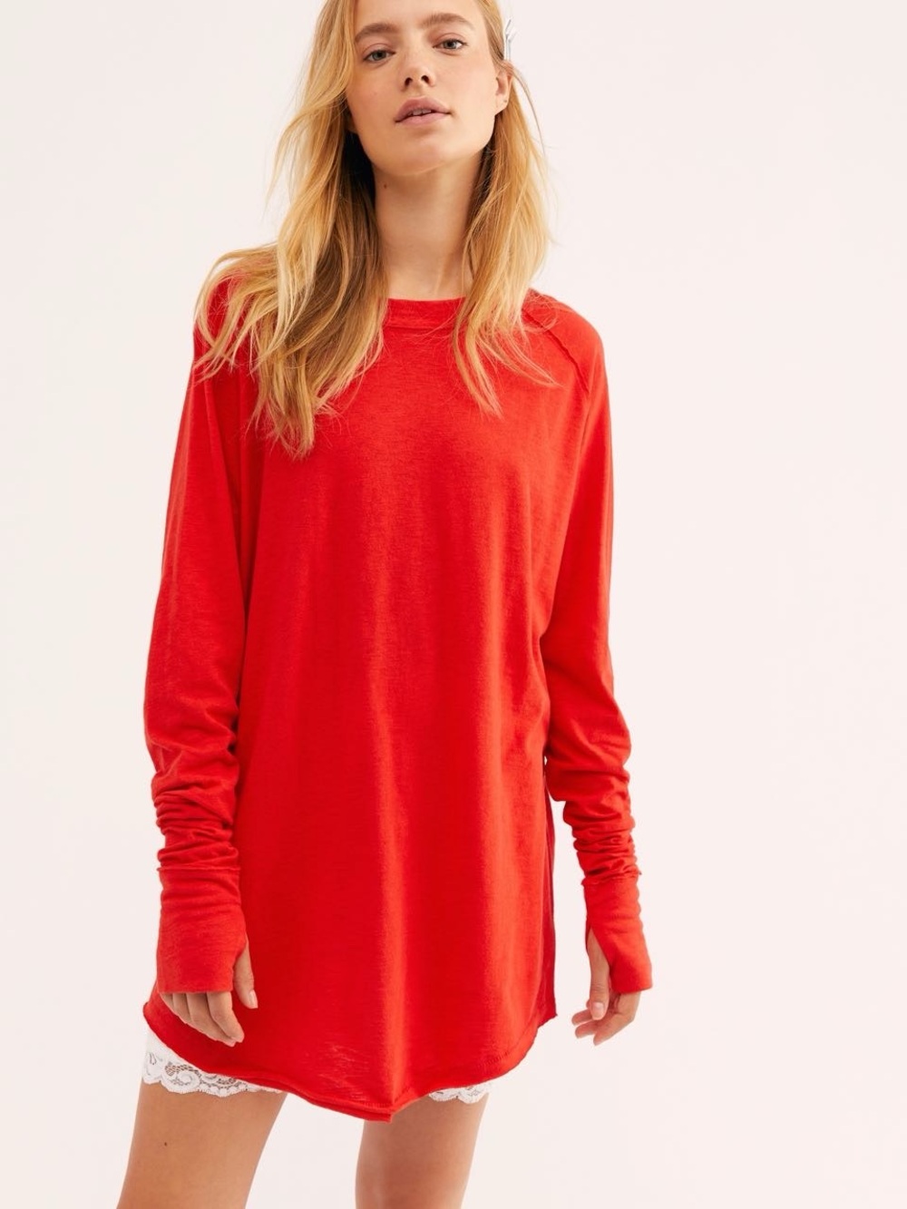 We The Free Women’s Arden Tee Bright Coral Long-Sleeve Tunic Top Size Small - Picture 2 of 9